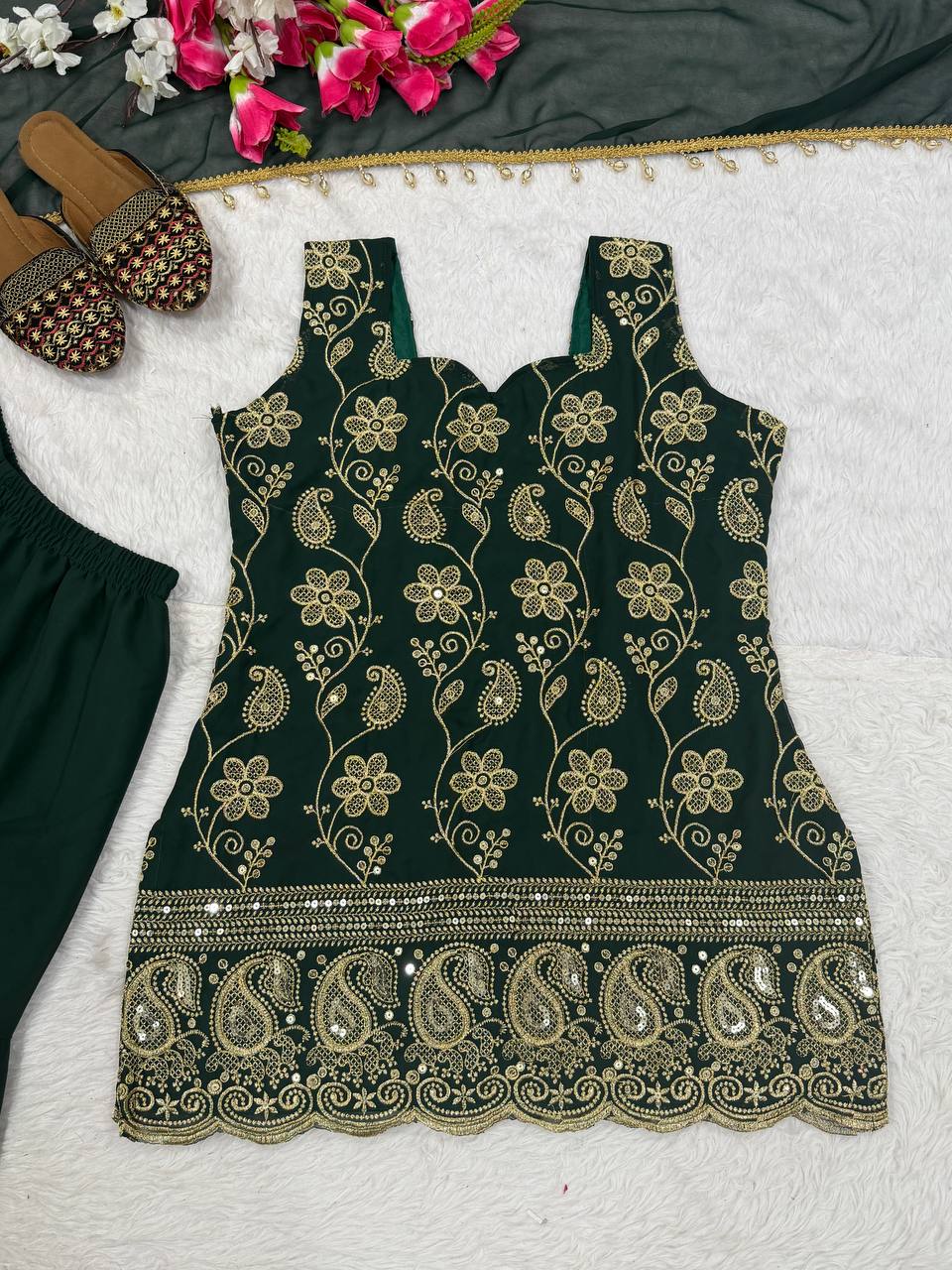 Deep Ruby Floral-Embroidered Silk Set